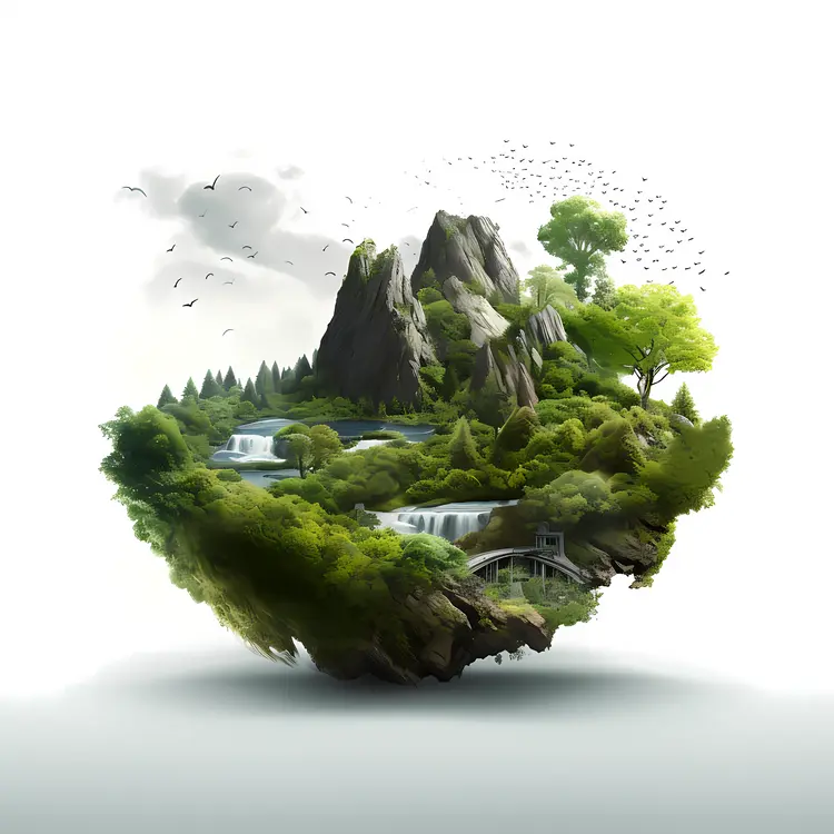 Floating Island with Mountains and Waterfalls