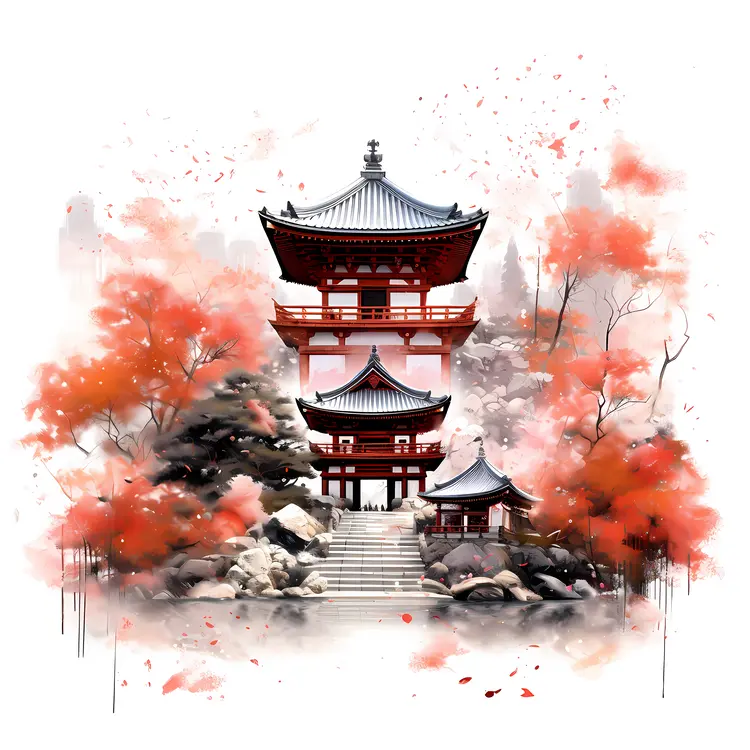 Red Pagoda with Autumn Trees