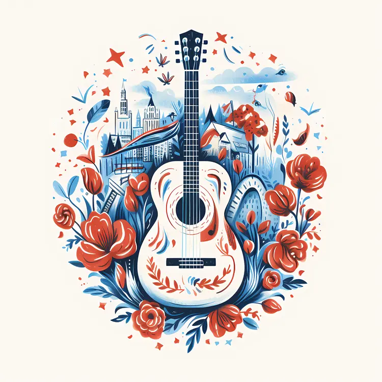 Guitar in Village and Flower Scenery