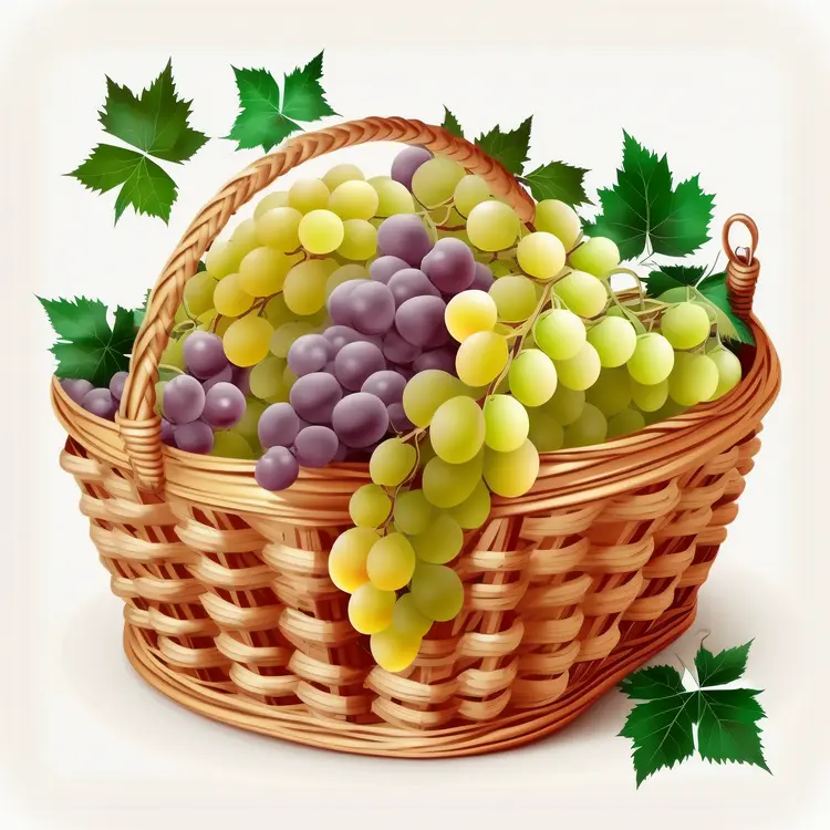 Fresh Basket of Grapes with Leaves