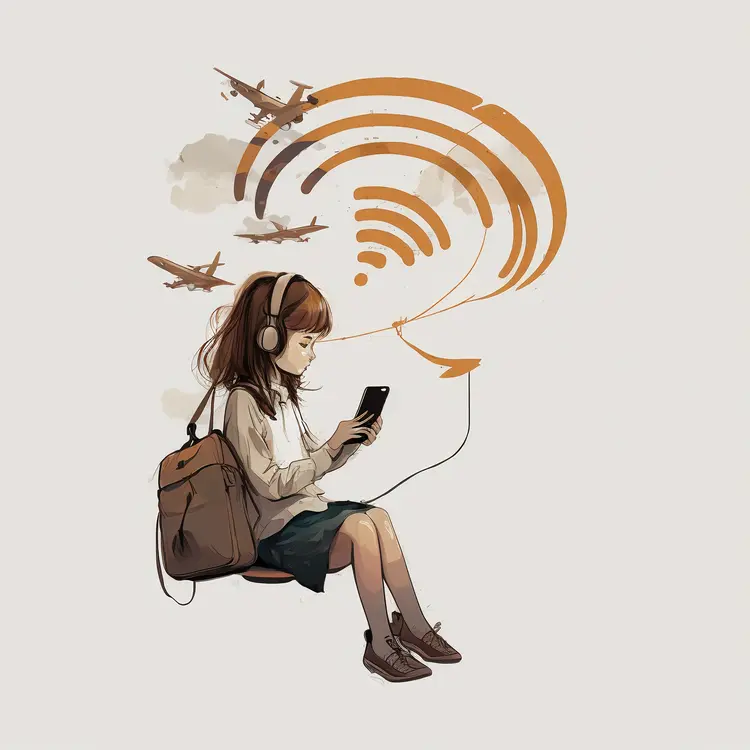 Girl with Headphones and Wi-Fi Signal with Airplanes