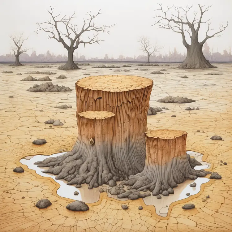 Tree Stump in a Dry
 Barren Landscape