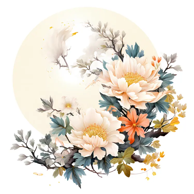 Peach and Orange Flowers with Branches