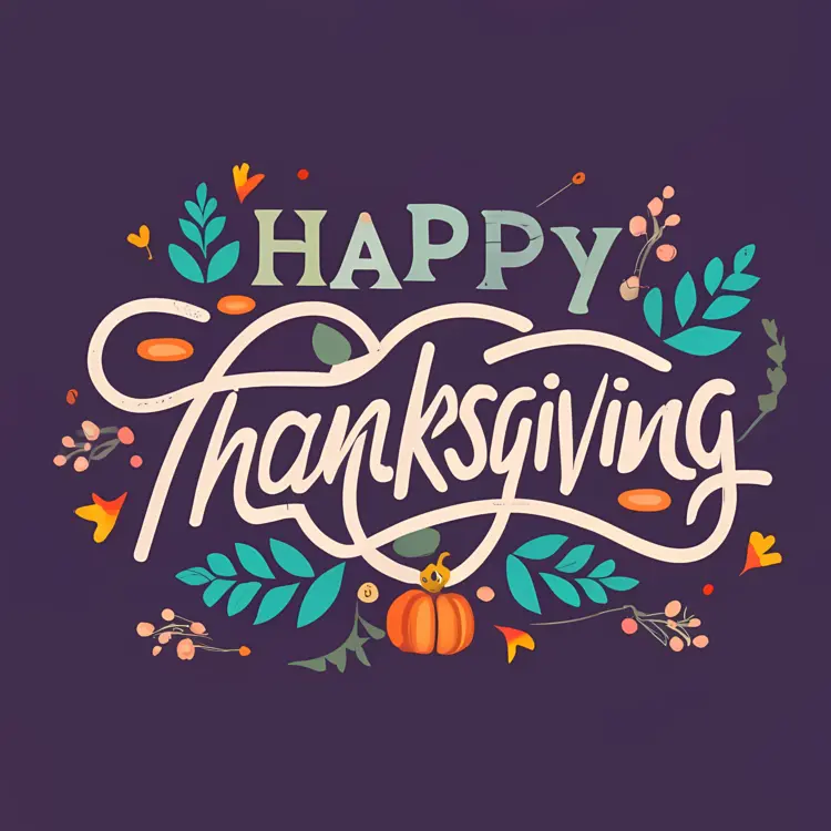 Happy Thanksgiving Text with Floral and Leaf Decorations