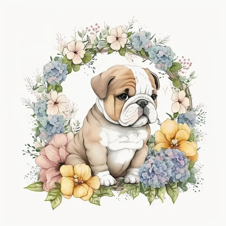 Cute Bulldog with Floral Wreath