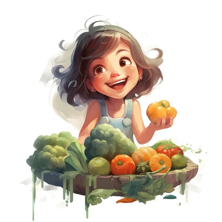 Joyful Cartoon Girl Holding Vegetables