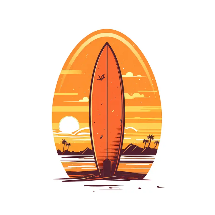 Surfboard with Sunset and Tropical Scene