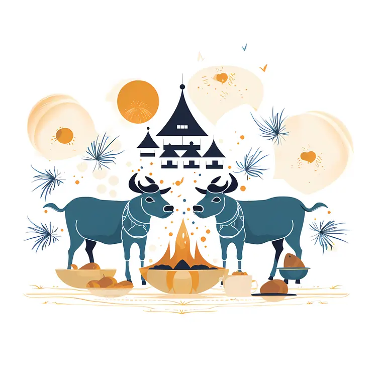 Traditional Festival with Cows and Temple