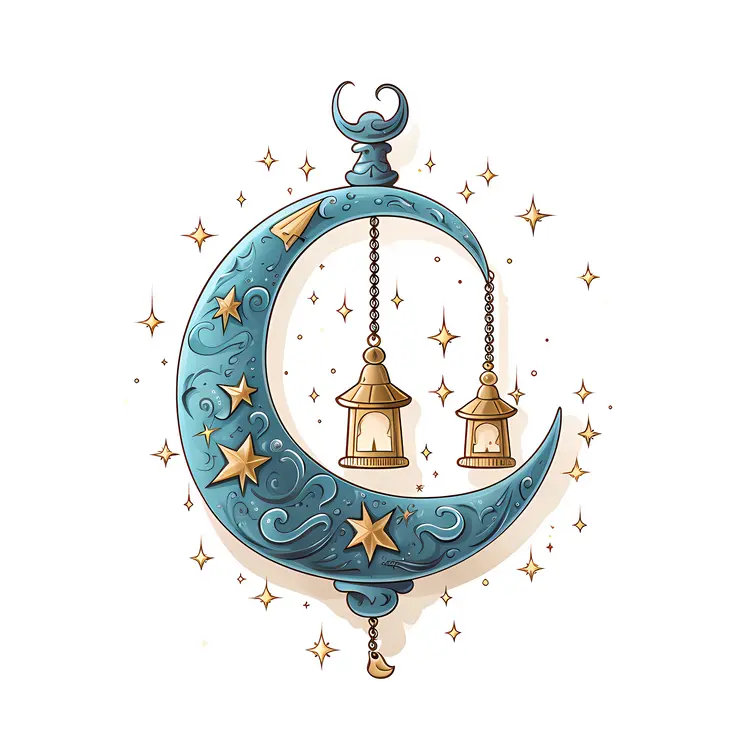 Crescent Moon with Hanging Lanterns and Stars