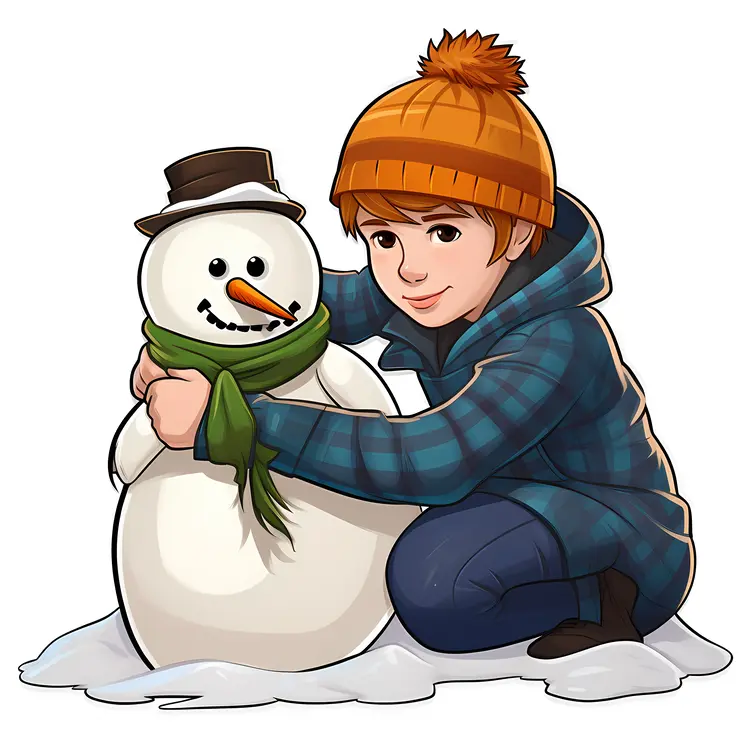 Boy Hugging a Snowman in Winter