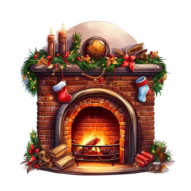 Brick Christmas Fireplace with Stockings and Logs