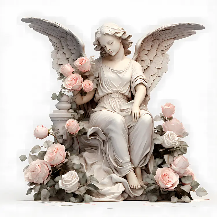 Serene Angel Statue with Pink Roses