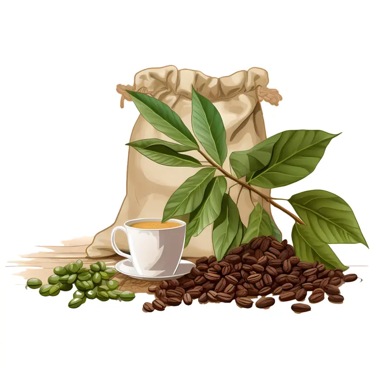Coffee Beans and Leaves with Sack and Cup