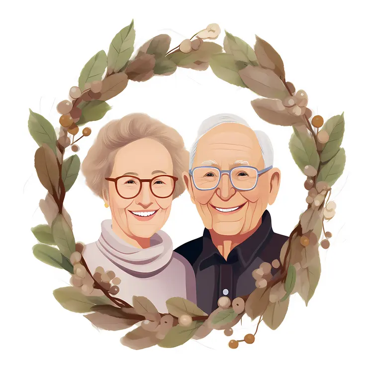Smiling Elderly Couple in a Wreath Illustration