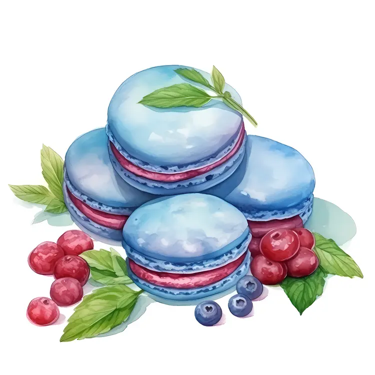 Blue macarons with berries and mint