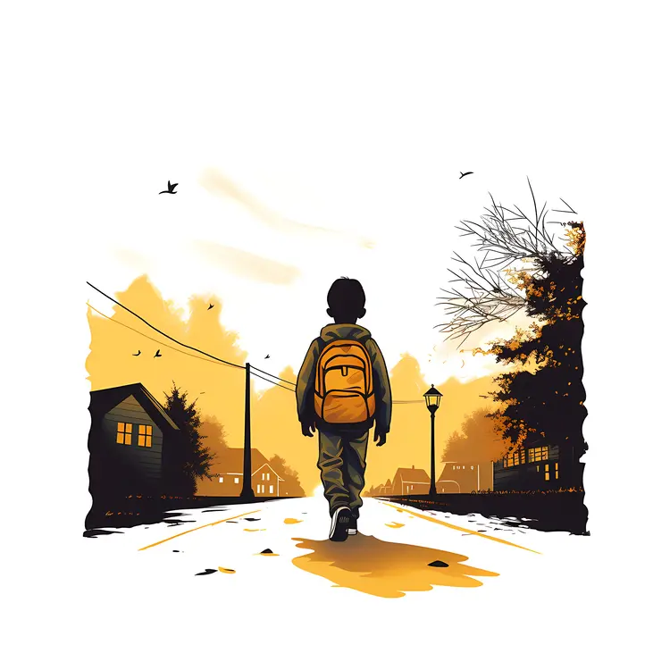 Boy with Backpack Walking at Sunset