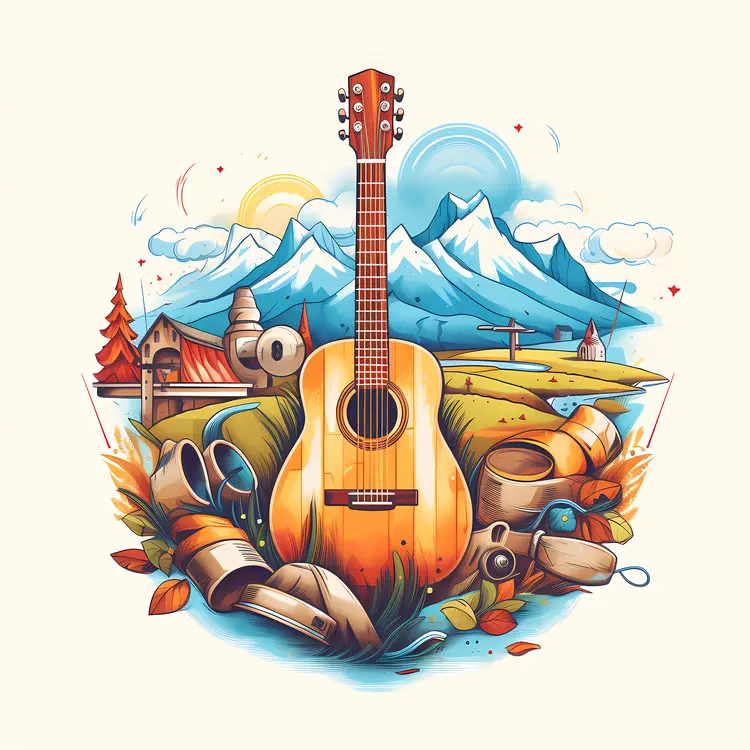 Guitar with Mountain and Nature Background