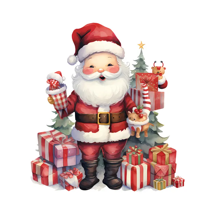 Santa Claus with Gifts and a Christmas Tree