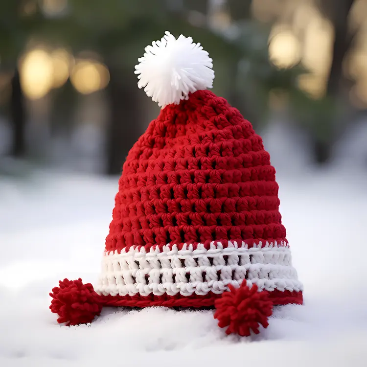 Red and White Crochet Hat with Pom Pom