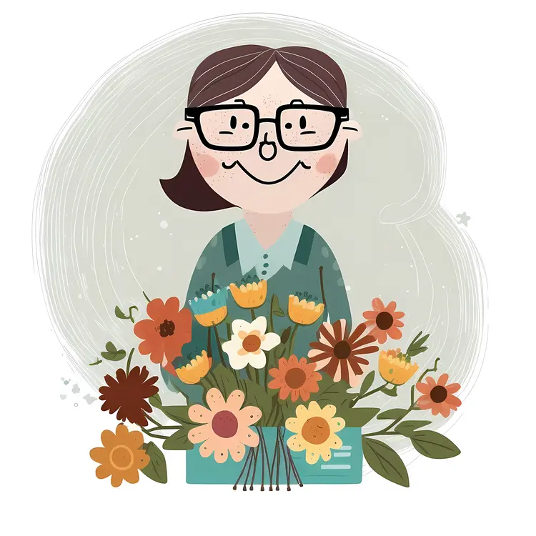 Cartoon Woman with Flowers Illustration