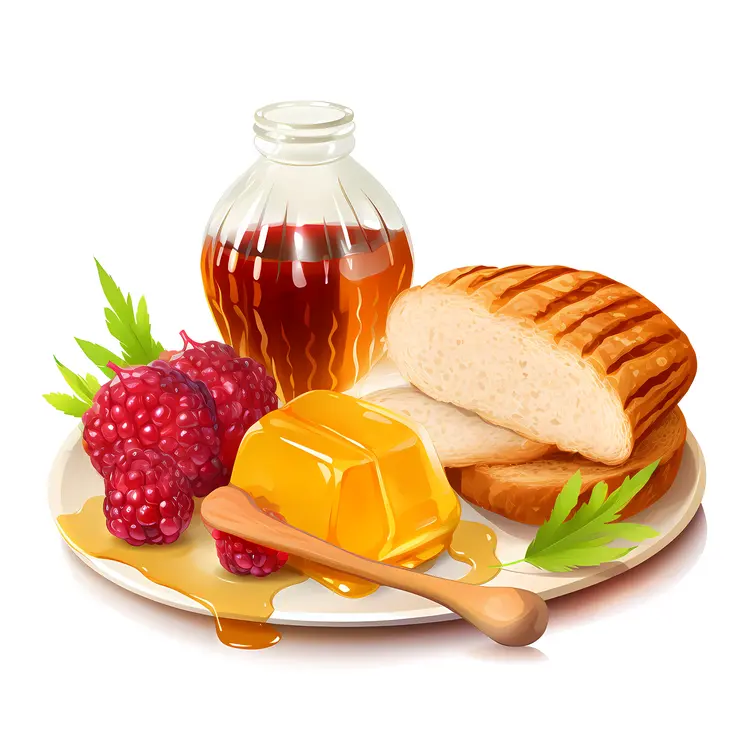 Delicious Honey Breakfast with Bread and Raspberries
