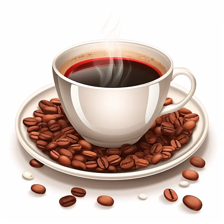 Steaming White Coffee Cup with Beans