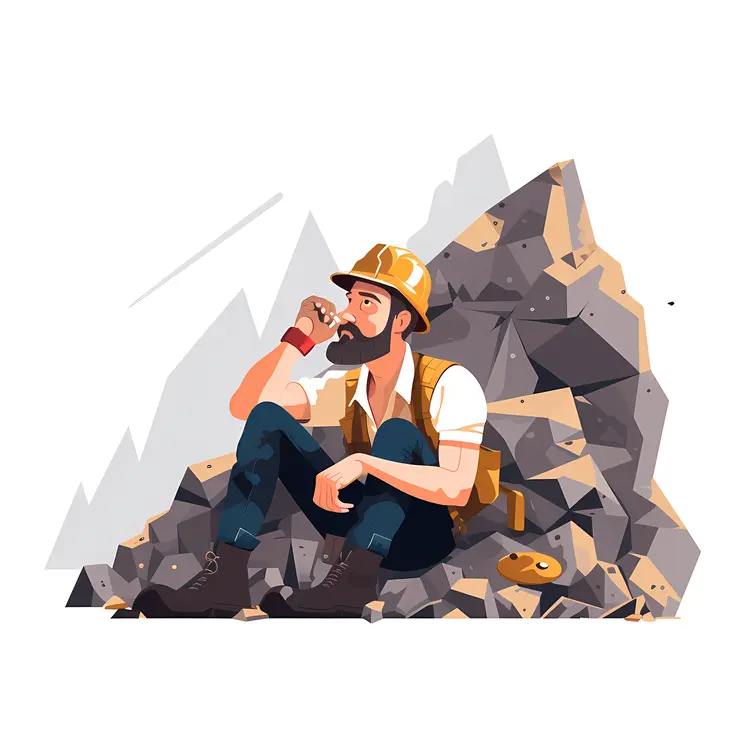 Miner Taking a Break on Rocks