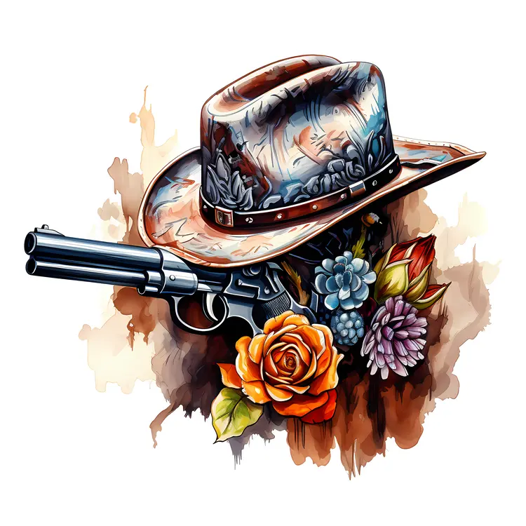 Rustic Cowboy Hat with Gun and Flowers Illustration