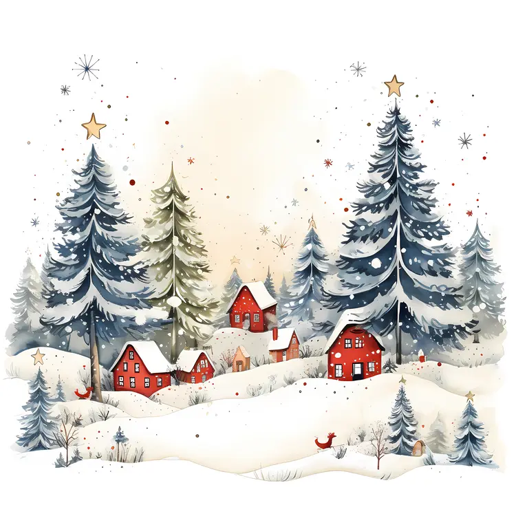 Snowy Christmas Village with Red Houses
