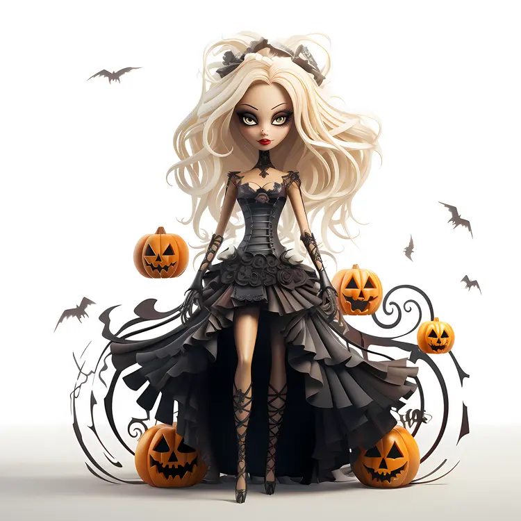Gothic Halloween Doll with Pumpkins