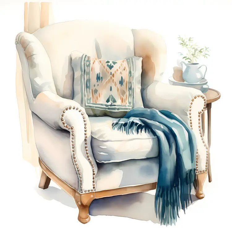 Cozy White Armchair with Throw Blanket and Cushion