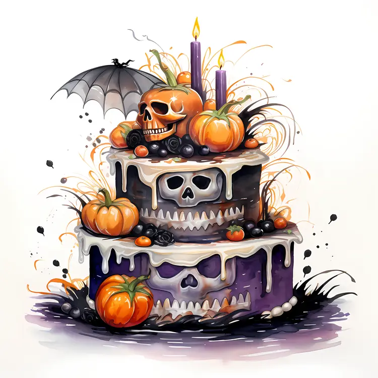 Halloween Cake with Skulls and Pumpkins
