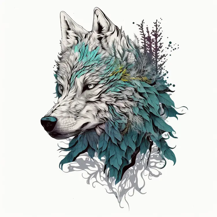 Artistic Wolf Illustration with Nature Elements
