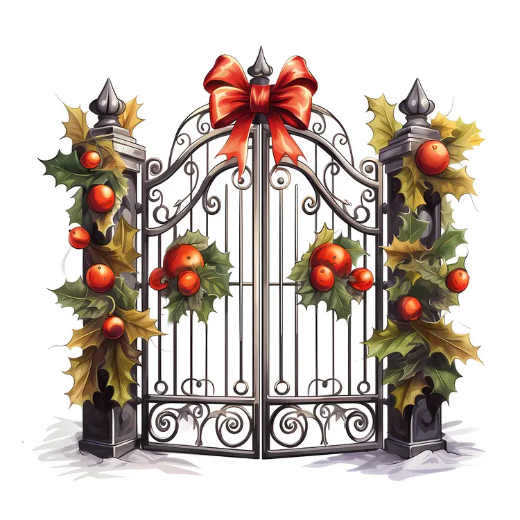 Festively Decorated Gate with Red Bow and Ornaments