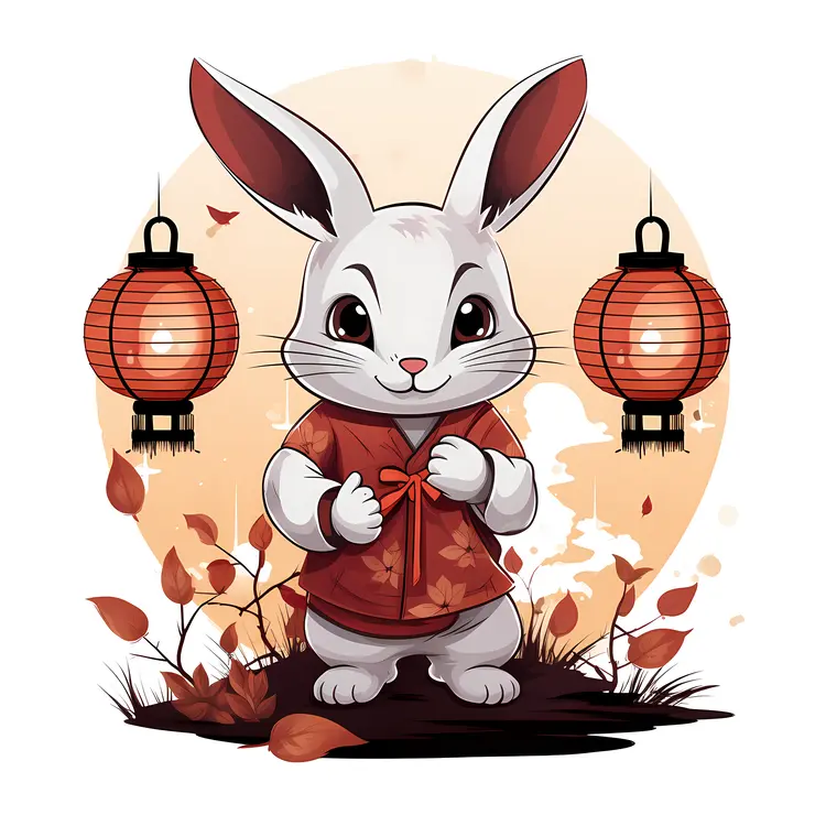 White Rabbit with Lanterns in Traditional Clothing