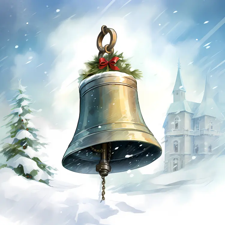Silver Bell with Greenery and Snow for Christmas