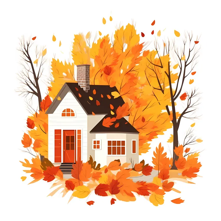 Small white house with autumn leaves