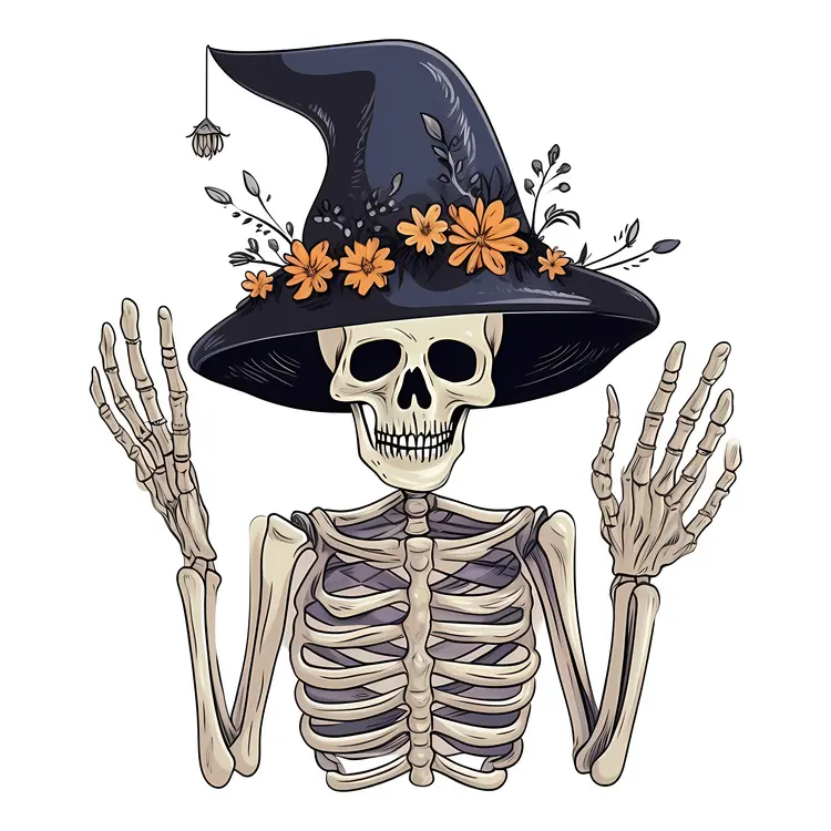 Skeleton with Witch Hat and Flowers
