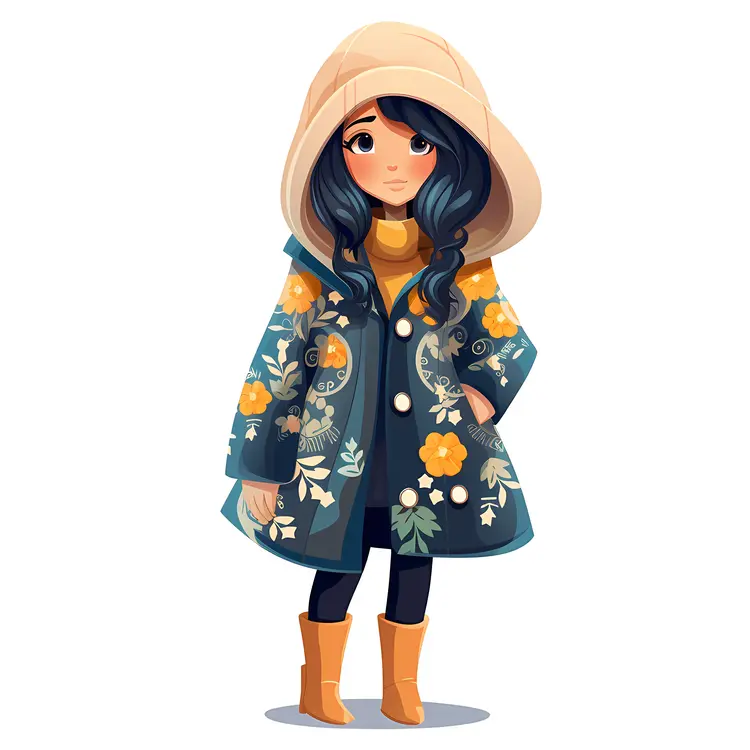 Cute Girl in Floral Coat Illustration