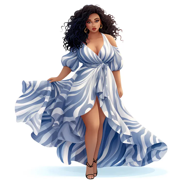 Elegant Plus-Size Woman in Blue and White Dress