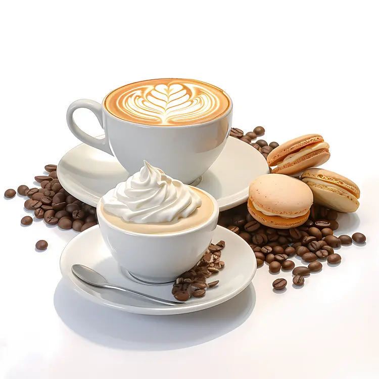 Cups of Coffee with Macarons and Coffee Beans