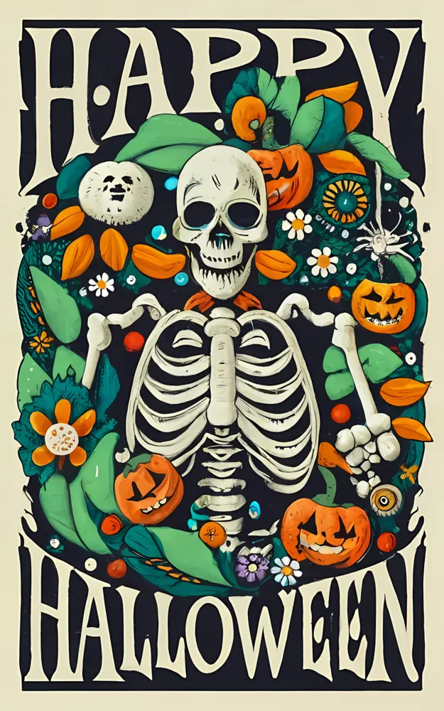 Skeleton with Pumpkins and Leaves for Halloween