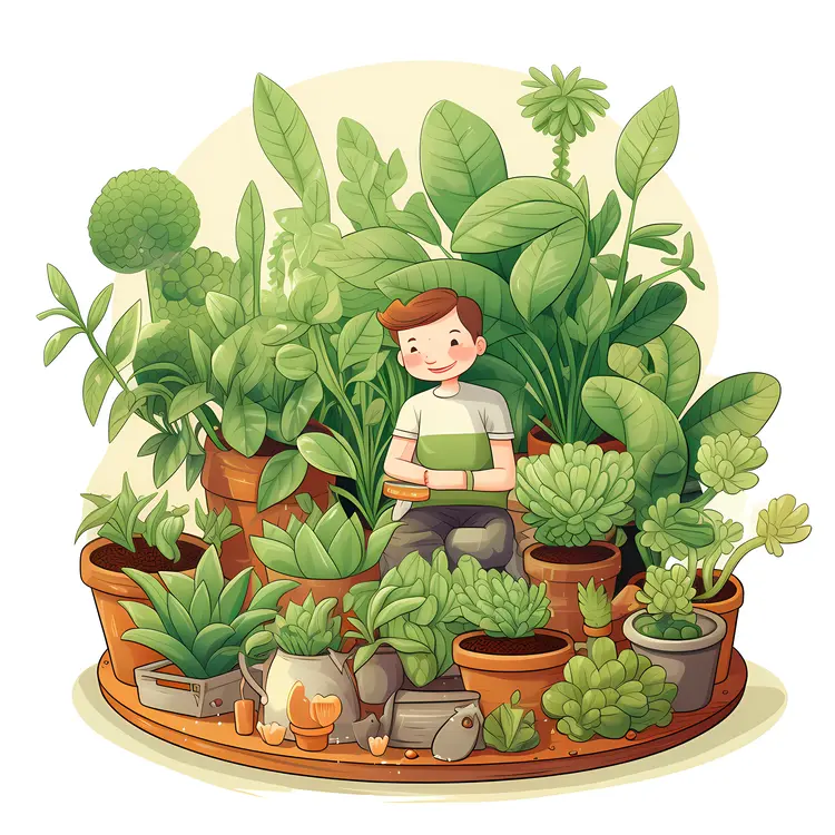 Boy Surrounded by Potted Plants
