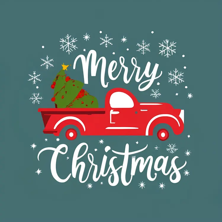 Red Truck with Christmas Tree and Merry Christmas Text