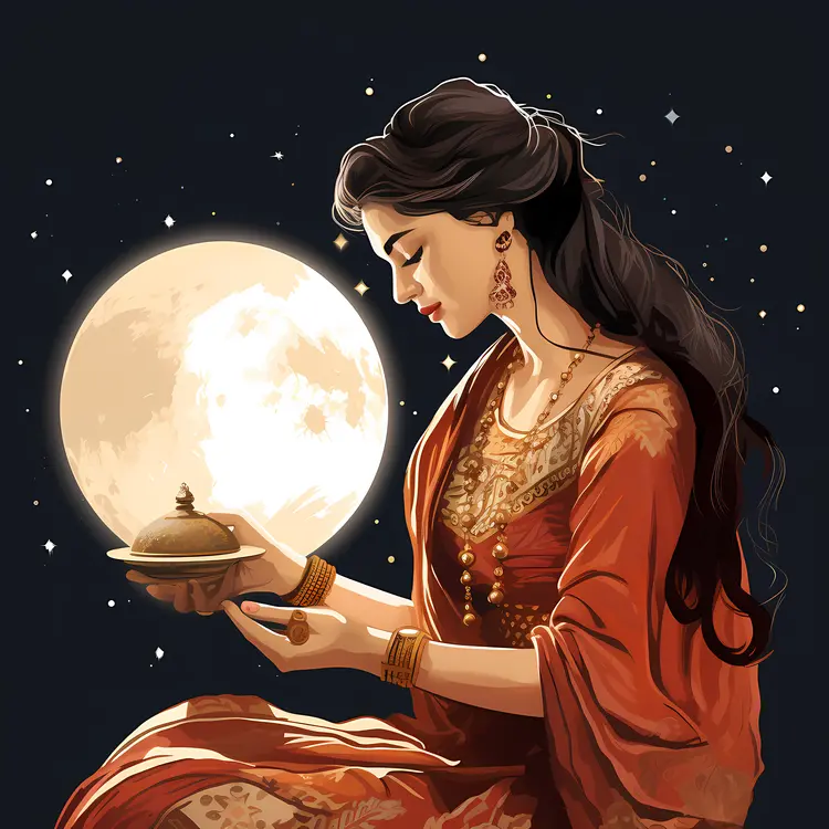 Traditional Woman Holding Lamp with Moon