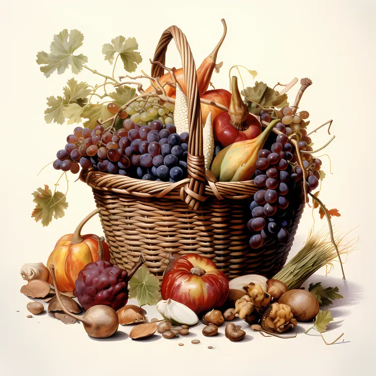 Cornucopia Basket with Nuts and Autumn Leaves