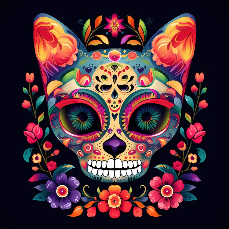 Colorful Sugar Skull Cat for Day of the Dead Celebration