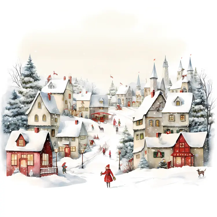 Snowy Village with Christmas Decorations