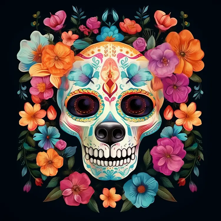 Colorful Sugar Skull with Floral Decoration for Day of the Dead