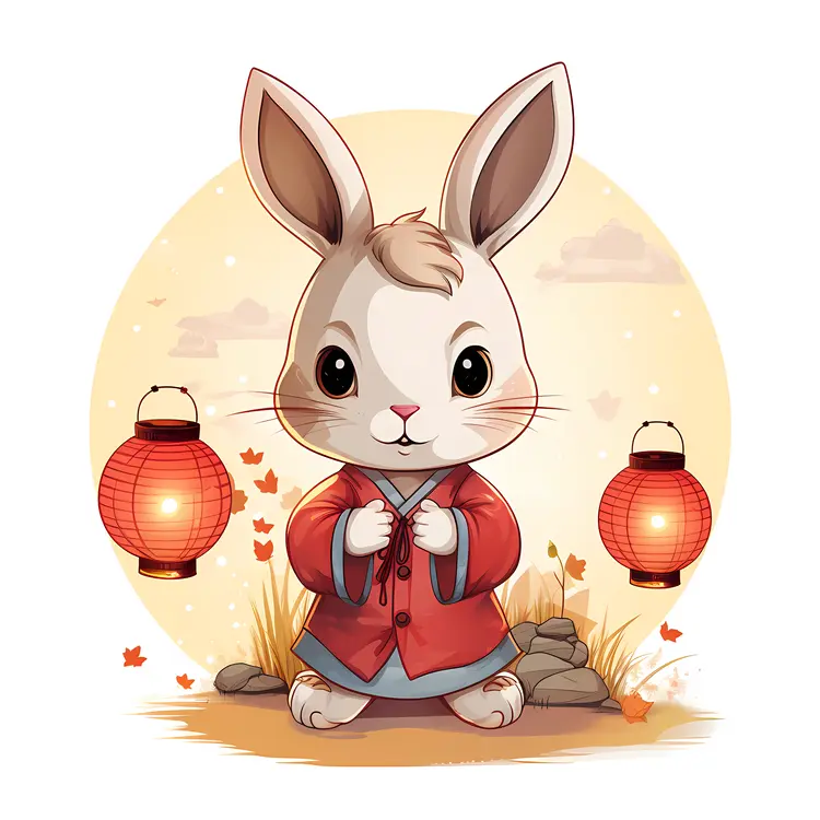 Cute Rabbit with Lanterns in Traditional Clothing
